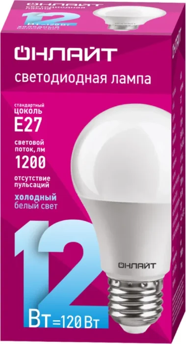 Лампа светодиодная 61 141 OLL-A60-12-230-6.5K-E27 12Вт грушевидная 6500К холод. бел. E27 1200лм 176-264В ОНЛАЙТ 61141