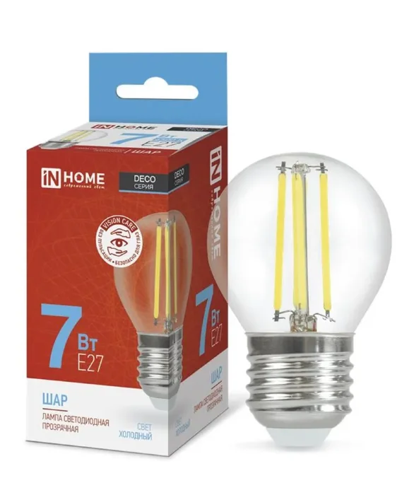 Лампа светодиодная LED-ШАР-deco 7Вт шар прозрачная 6500К холод. бел. E27 810лм 230В IN HOME 4690612036427