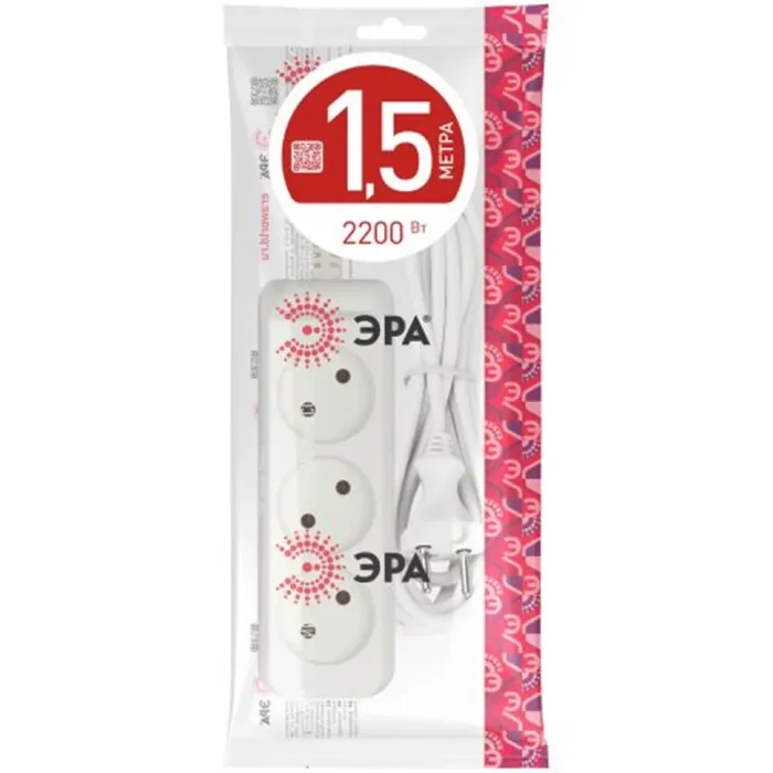 Удлинитель 3х1.5м без заземл. 10А IP20 U-3-1.5m-2х1 ПВС 2х1 Эра Б0028354