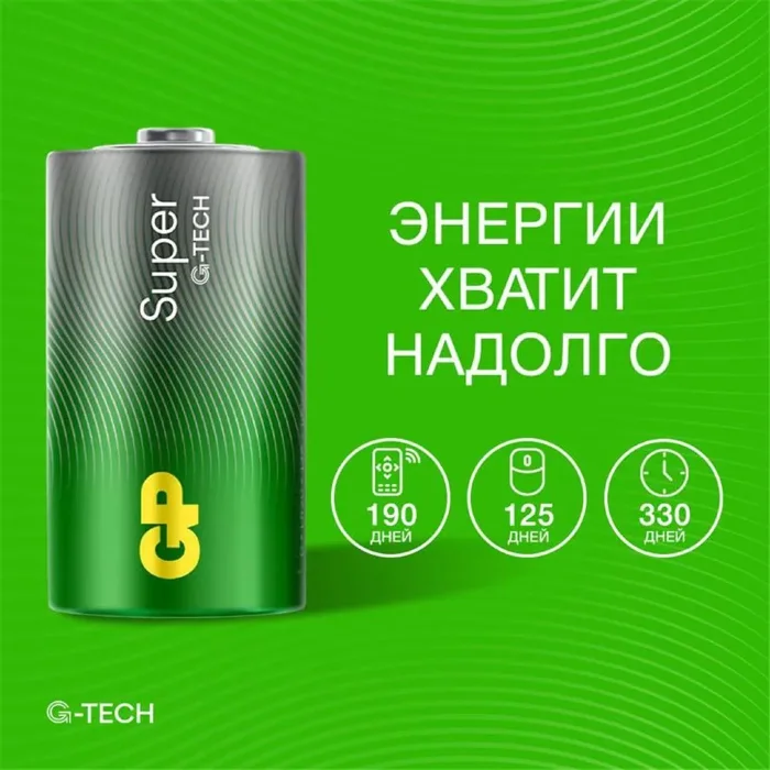 Элемент питания алкалиновый D/LR20 1.5В Super Alkaline G-Tech 13AA21-2CRSBC2 20/160 (блист.2шт) GP 1225