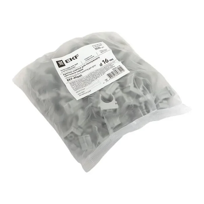 Держатель для труб (клипса) d16мм для монтажн. пистолета сер. (уп.100шт) Plast EKF derjp-z-16