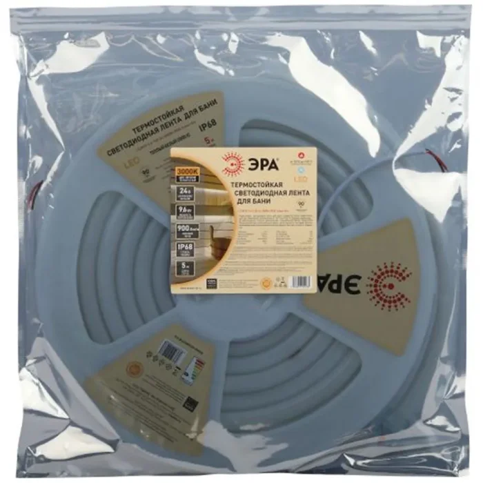 Лента светодиодная LS2835-9.6-120-24-3000K-IP68-5м 24В термостойкая для бани тепл. бел. в комплекте: 2 заглушки; 10 крепежей (уп.5м) Эра Б0062320