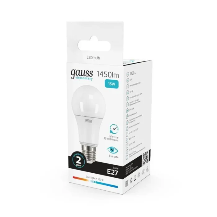 Лампа светодиодная Elementary 15Вт A60 грушевидная 4100К нейтр. бел. E27 1450лм GAUSS 23225
