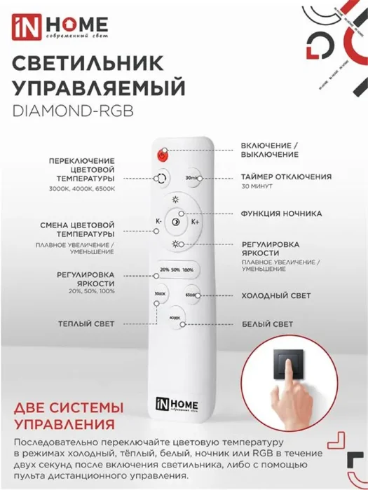Светильник светодиодный COMFORT DIAMOND-RGB 55Вт 3000-6500К 4400лм 230В 385х75мм с пультом ДУ IN HOME 4690612044576
