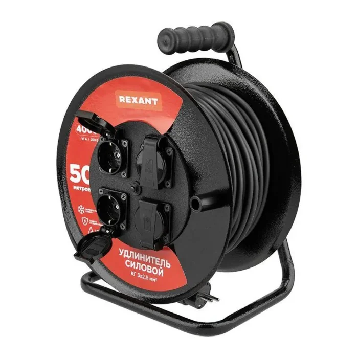 Удлинитель на метал. катушке 4х50м с заземл. IP44 КГ 3х2.5кв.мм с выключателем с защ. крышками Rexant 13-5016
