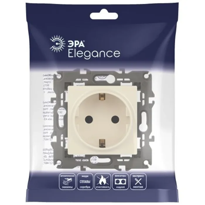 Розетка 1-м СП Эра Elegance 14-2102-02 16А IP20 16AX 250В 2P+E Schuko защ. шторки сл. кость Эра Б0034273
