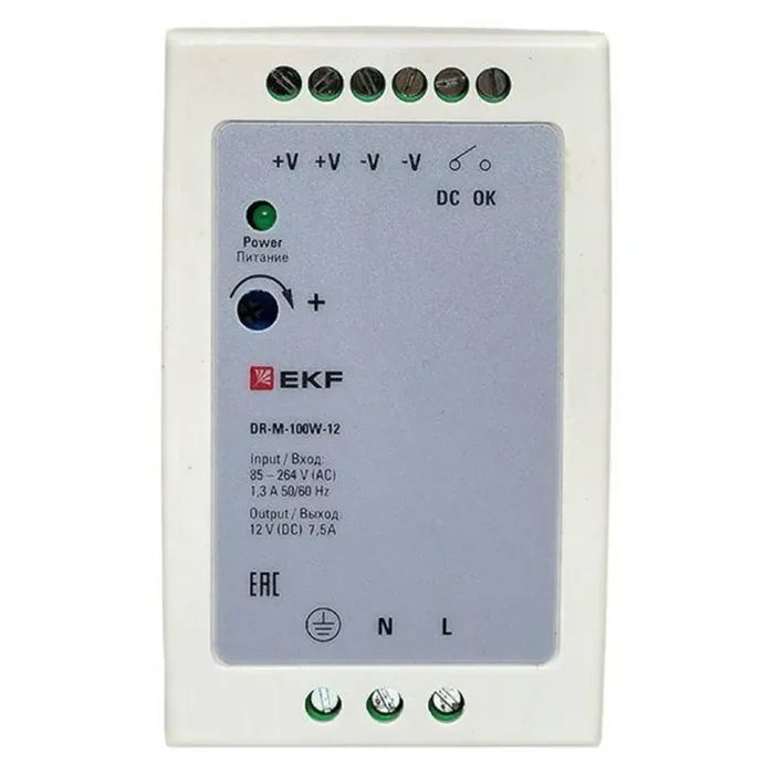 Блок питания на DIN-рейку 100Вт Uвх ~ 220В AC m Uвых - 12В DC постоянного тока EKF DR-M-100W-12
