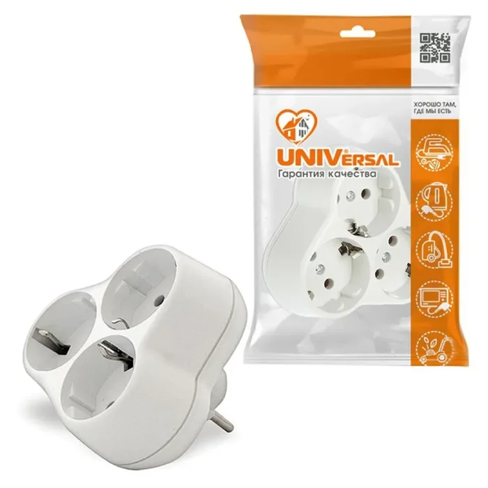 Разветвитель 3-м с заземл. 16А 250В еврослот кругл. бел. UNIVersal АК303