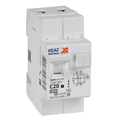 Выключатель автоматический дифференциального тока 2п OptiDin D63-22C20-AC-У3 C20 30мА 4.5кА с защитой от сверхтоков КЭАЗ 328099