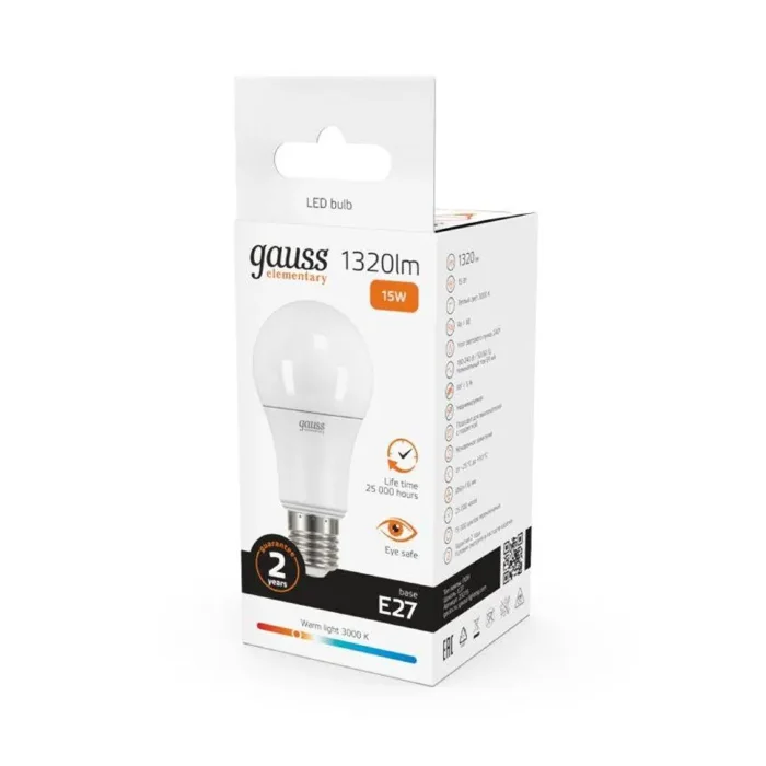 Лампа светодиодная Elementary 15Вт A60 грушевидная 3000К тепл. бел. E27 1320лм GAUSS 23215