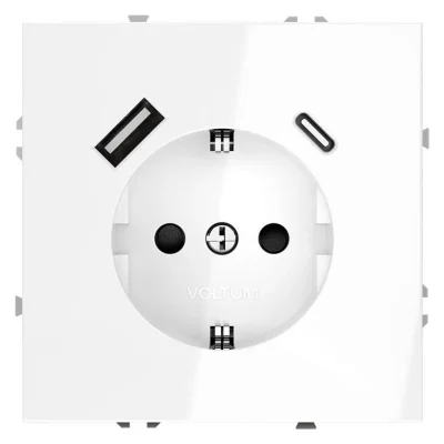 Розетка 1-м СП S70 16А с USB тип A+С механизм с заземл. защ. шторки бел. глянцевый Voltum VLS040501
