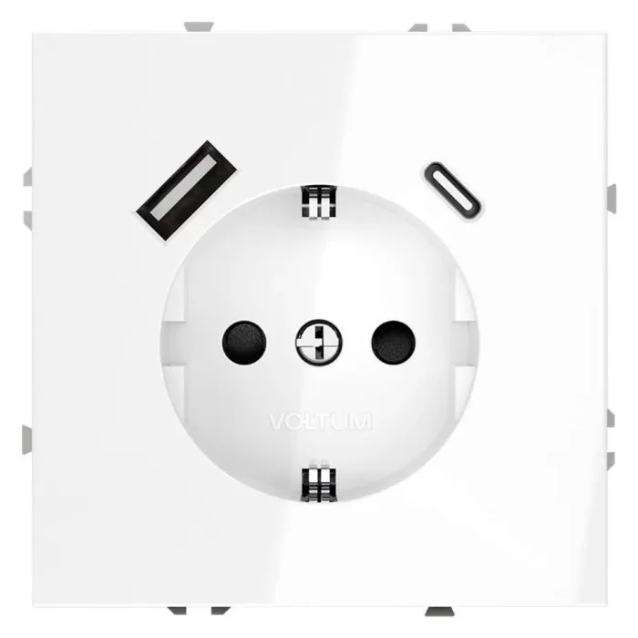 Розетка 1-м СП S70 16А с USB тип A+С механизм с заземл. защ. шторки бел. глянцевый Voltum VLS040501