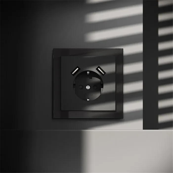 Розетка 1-м СП S70 16А с USB A+A с заземл. защ. шторки механизм черн. матов. Voltum VLS040408
