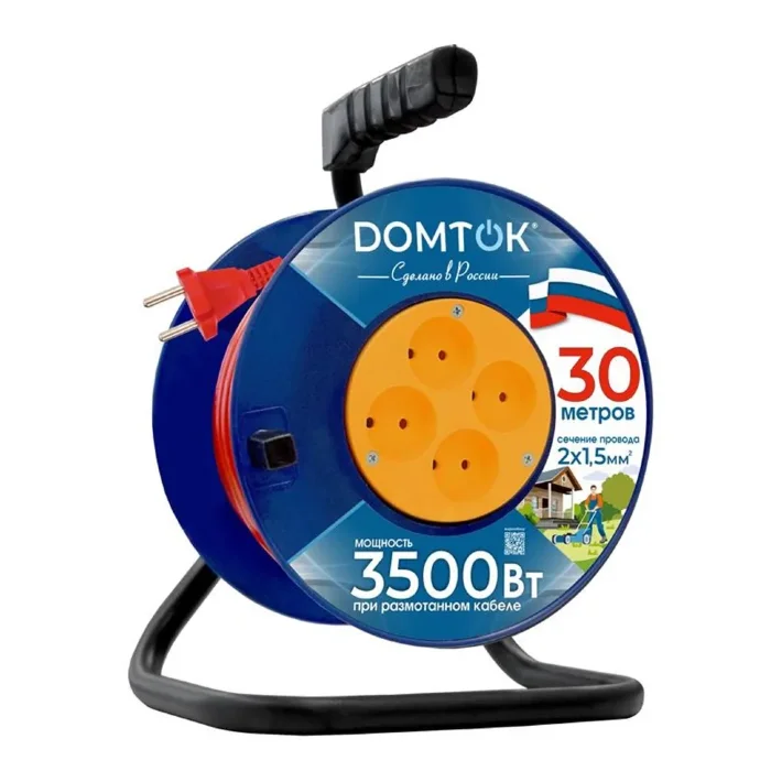 Удлинитель на катушке 4х30м без заземл. 16А IP20 3.5кВт ПВС 2х1.5 DOMTOK 2446
