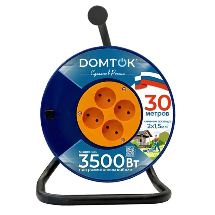 Удлинитель на катушке 4х30м без заземл. 16А IP20 3.5кВт ПВС 2х1.5 DOMTOK 2446