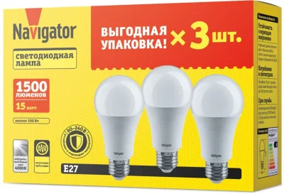 Лампа светодиодная 95 321 NLL-A60-15-230-4K-E27-PACK3 NAVIGATOR 95321