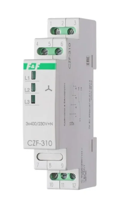 Реле контроля фаз CZF-310 (1 модуль; монтаж на DIN-рейке; 3х400/230+N 8А 1NO/NC IP20) F&amp;F EA04.001.005