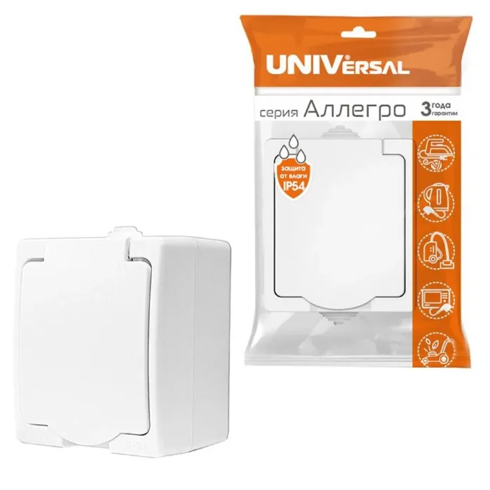 Розетка 1-м ОП Аллегро 16А с защ. крышкой защ. шторки с заземл. IP54 бел. UNIVersal 5563286