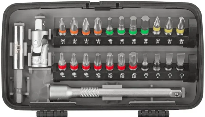 Мини-набор инструмента (биты; головки; вороток; удлинитель) 38шт пластиковый кейс MOS 65000М