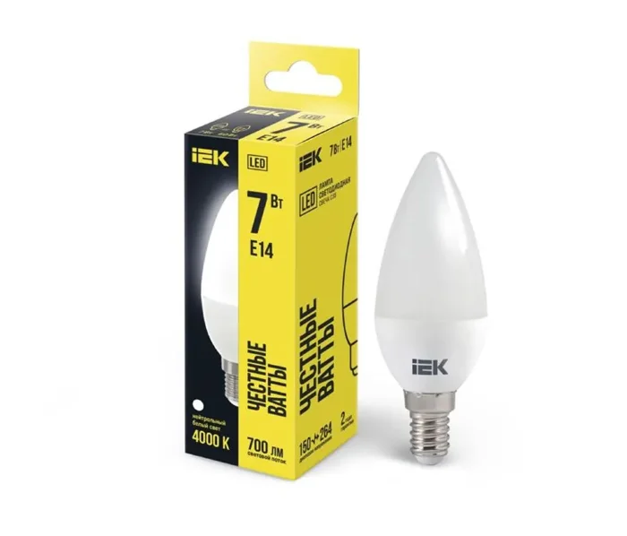 Лампа светодиодная 7Вт C35 свеча 4000К нейтр. бел. E14 230В IEK LLE-C35-7-230-40-E14
