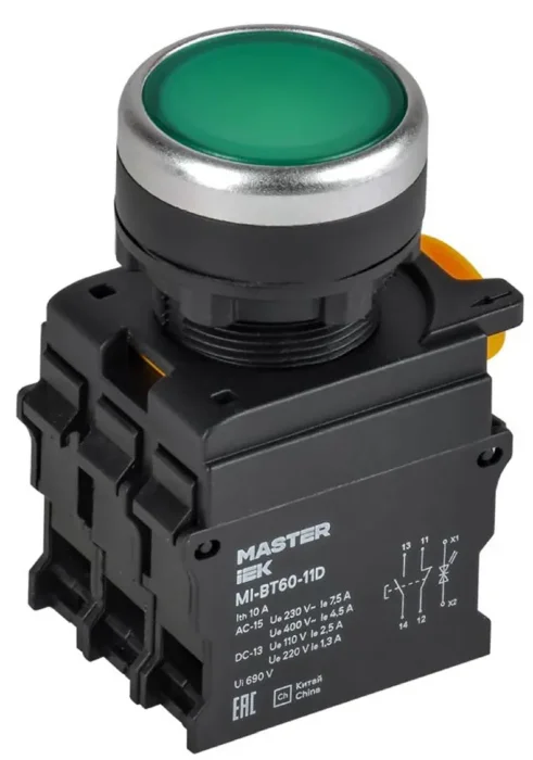 Кнопка d22мм 1НО+1НЗ MASTER с подсветкой зел. IEK MI-BT60-11D-3-12-K06