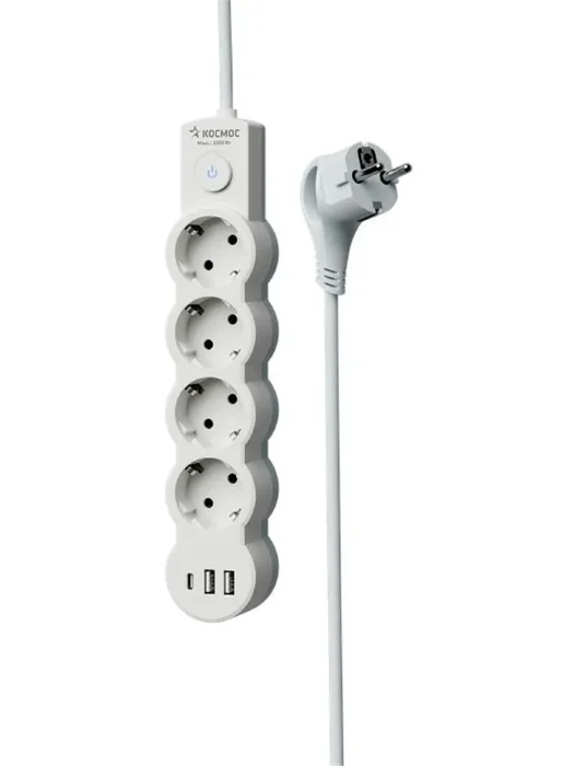 Удлинитель 3х1.5м с заземл. 10А IP20 USB 2500Вт 220В ПВС 3х1 с выкл. бел. КОСМОС YKsm1.5m4g-Z-VU10А-W
