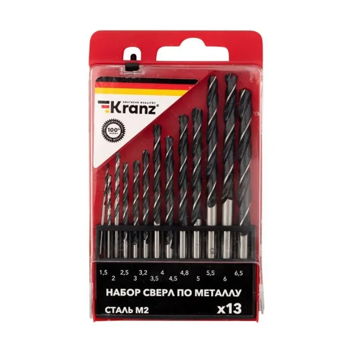 Набор сверл по металлу (HSS) диаметр 1.5-6.5мм (13шт) Kranz KR-91-0631