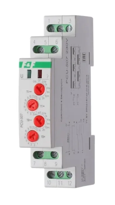 Реле времени PCU-507 2х8А 230В 2п IP20 многофункц. 2 независимых времен. 1 мод. монтаж на DIN-рейке F&F EA02.001.022