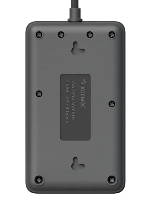 Удлинитель с сетевым фильтром 3х1.5м 10А 4USB + 2USBC 2500Вт ПВС 3х1 прямоуг. черн. КОСМОС FKsm1.5m-3gPF(B)USB