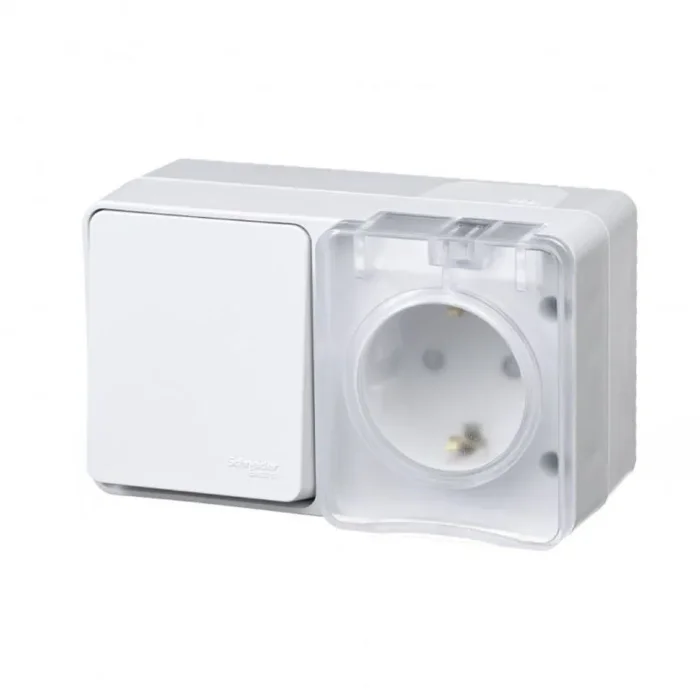 Блок ОП AtlasDesign PROFI IP54 (розетка 1-м 16А заземл. защ. шторки + 1-кл. выключатель 10А) бел. SE ATN540170