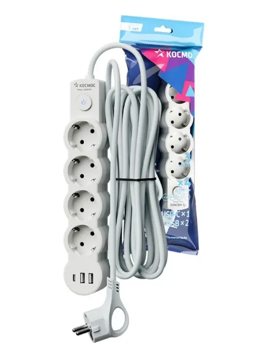 Удлинитель 3х3м с заземл. 10А IP20 USB 2500Вт 220В ПВС 3х1 с выкл. бел. КОСМОС YKsm3m4g-Z-VU10А-W