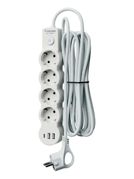 Удлинитель 3х3м с заземл. 10А IP20 USB 2500Вт 220В ПВС 3х1 с выкл. бел. КОСМОС YKsm3m4g-Z-VU10А-W