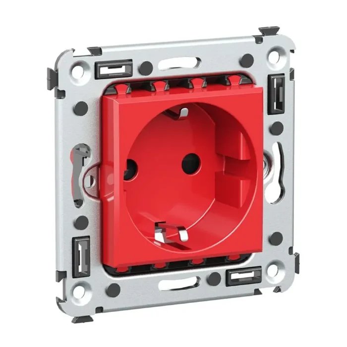 Розетка 1-м СП 2мод. Avanti "Красный квадрат" 16А IP20 2P+E защ. шторки красн. DKC 4401003