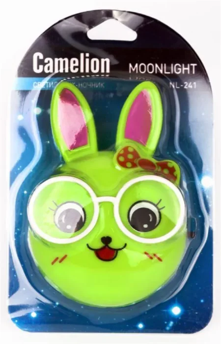 Светильник светодиодный NL-241 "Зайцы очкарики" 220В ночник с выкл. зел. Camelion 13816