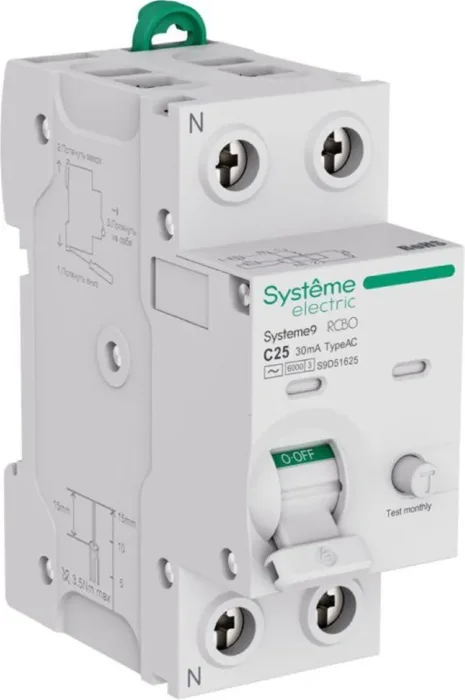 Выключатель автоматический дифференциального тока 2п (1P+N) C 25А 30мА тип AC 6кА Systeme9 230В SE S9D51625