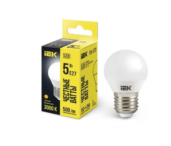 Лампа светодиодная G45 5Вт шар 3000К тепл. бел. E27 450лм 230-240В IEK LLE-G45-5-230-30-E27