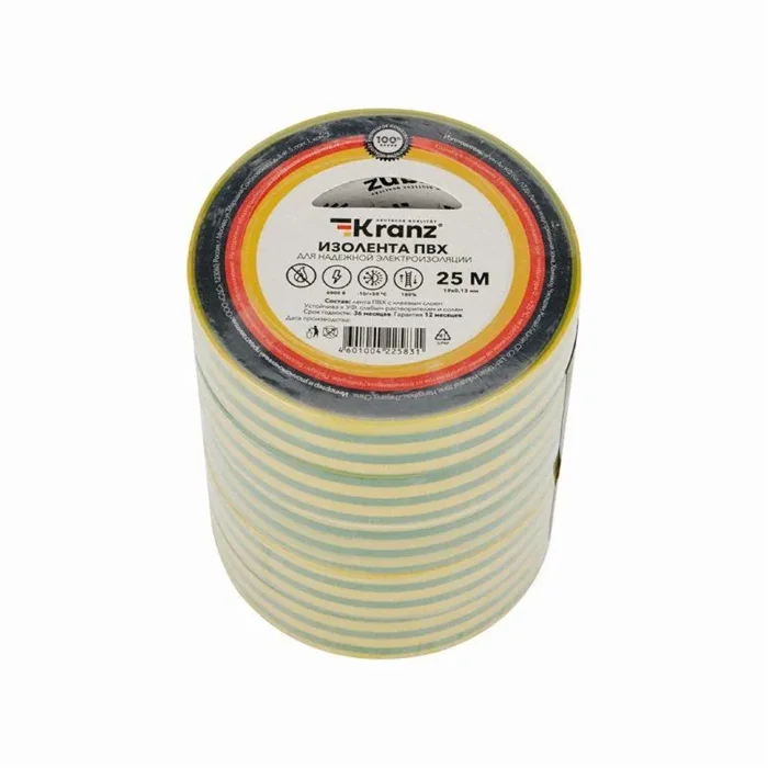 Изолента ПВХ 0.13х19мм 25м желт./зел. (уп.5шт) Kranz KR-09-2207