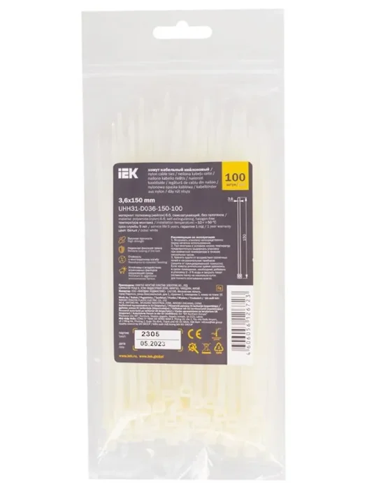 Хомут кабельный 3.6х150 нейл. бел. (уп.100шт) IEK UHH31-D036-150-100