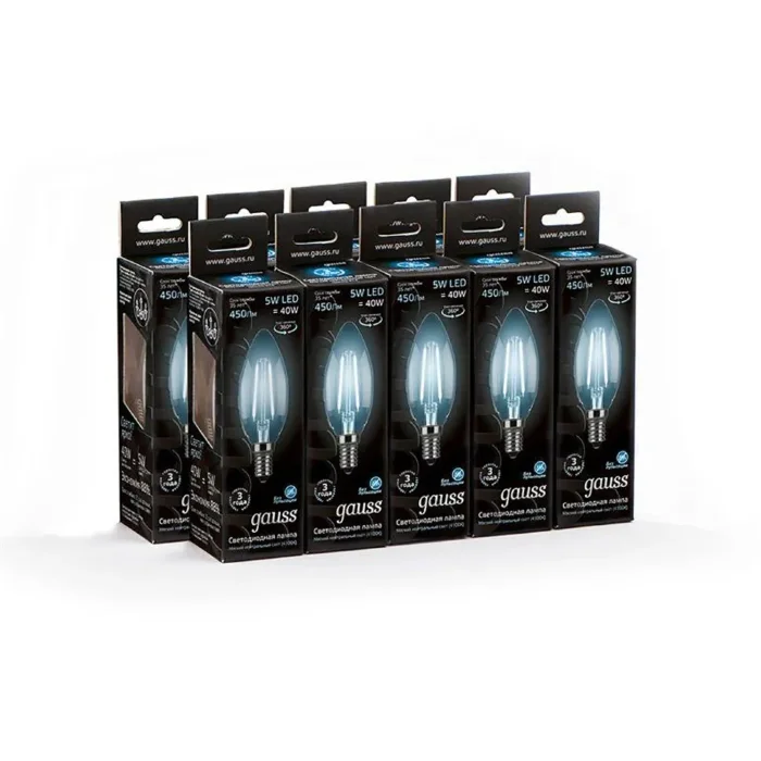 Лампа светодиодная филаментная Black Filament 5Вт свеча 4100К нейтр. бел. E14 450лм GAUSS 103801205