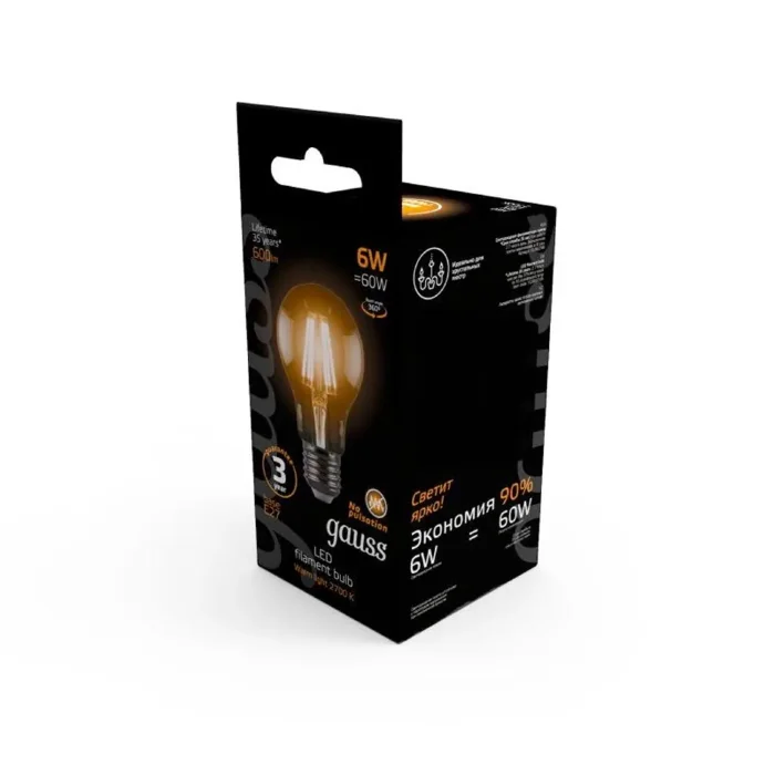 Лампа светодиодная филаментная Black Filament 6Вт A60 грушевидная 2700К тепл. бел. E27 600лм GAUSS 102802106