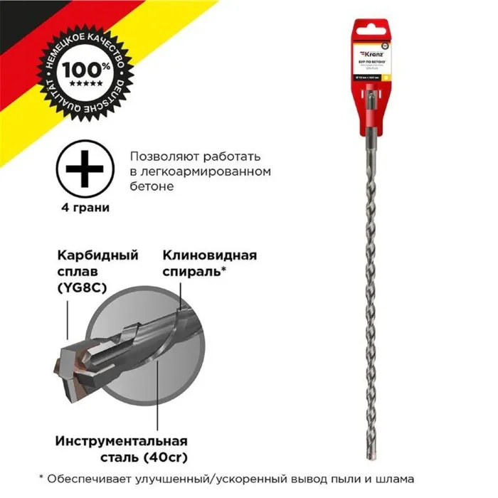 Бур по бетону 10х460мм крестовая пластина SDS PLUS Kranz KR-91-0826