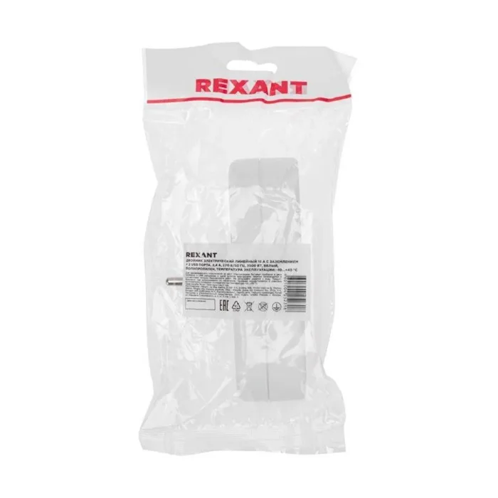 Двойник электрический линейный 16А с/з+2 USB-порта 2.4А бел. Rexant 11-1090
