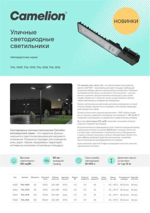 Светильник THL-1016 150Вт 5700К IP65 18000лм 220-240В 454х175х24 КСС "Ш" 1/5 НПВ уличный Camelion 16368
