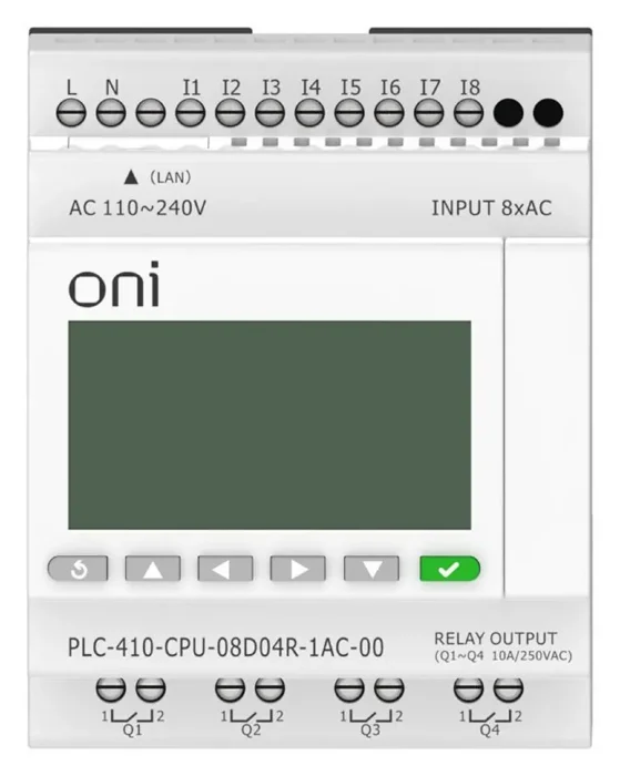 Модуль ЦПУ ПЛК 410 8 DI 4 RO 220В AC с Ethernet портом с экраном ONI PLC-410-CPU-08D04R-1AC-00