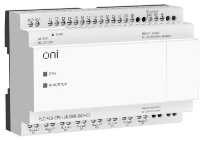 Модуль ЦПУ ПЛК 410 8 DI 6 UI (0-10В/DI) 8 RO 12В-24В DC или 24В AC с Ethernet портом без экрана ONI PLC-410-CPU-14U08R-0AD-00