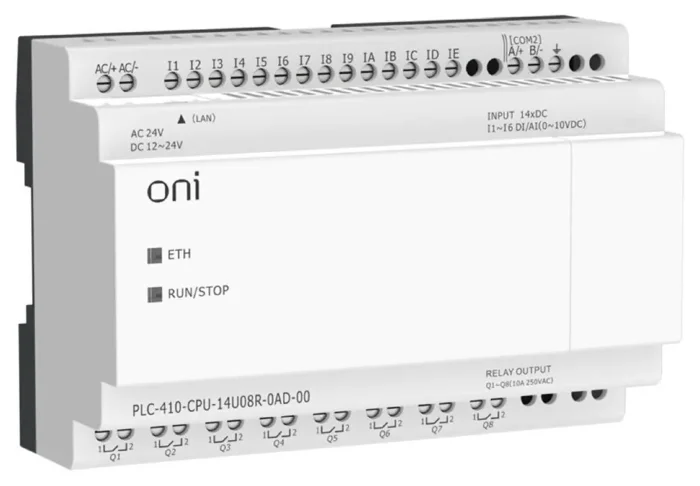 Модуль ЦПУ ПЛК 410 8 DI 6 UI (0-10В/DI) 8 RO 12В-24В DC или 24В AC с Ethernet портом без экрана ONI PLC-410-CPU-14U08R-0AD-00