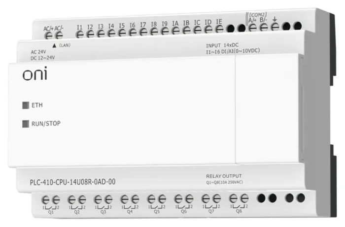 Модуль ЦПУ ПЛК 410 8 DI 6 UI (0-10В/DI) 8 RO 12В-24В DC или 24В AC с Ethernet портом без экрана ONI PLC-410-CPU-14U08R-0AD-00