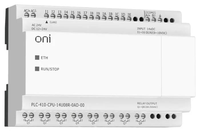 Модуль ЦПУ ПЛК 410 8 DI 6 UI (0-10В/DI) 8 RO 12В-24В DC или 24В AC с Ethernet портом без экрана ONI PLC-410-CPU-14U08R-0AD-00