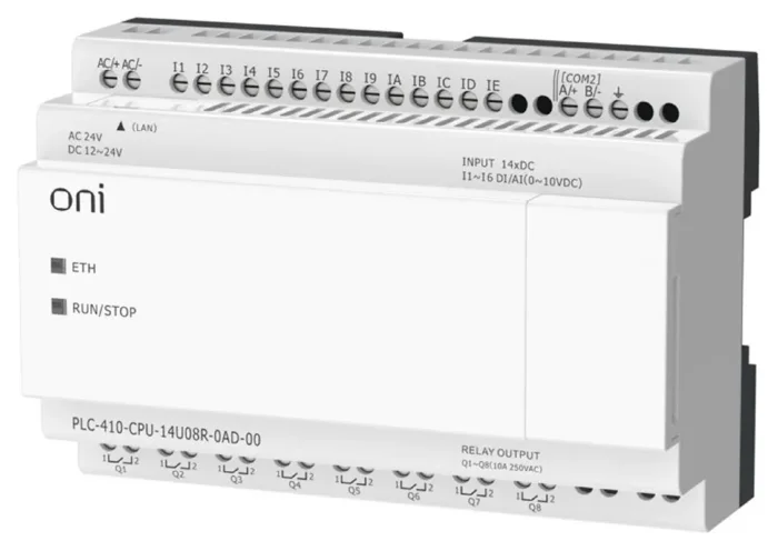 Модуль ЦПУ ПЛК 410 8 DI 6 UI (0-10В/DI) 8 RO 12В-24В DC или 24В AC с Ethernet портом без экрана ONI PLC-410-CPU-14U08R-0AD-00