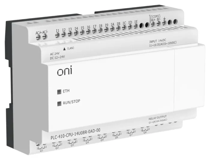Модуль ЦПУ ПЛК 410 8 DI 6 UI (0-10В/DI) 8 RO 12В-24В DC или 24В AC с Ethernet портом без экрана ONI PLC-410-CPU-14U08R-0AD-00